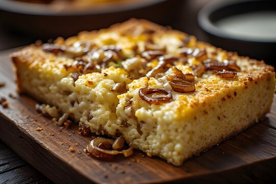 sopa paraguaya cornbread stuffed with caramelized onions and cheese on a wooden board