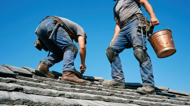 Two roofers working on a residential roof with tools and a bucket