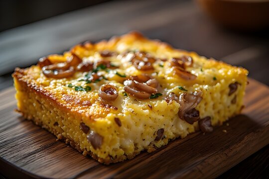sopa paraguaya cornbread stuffed with caramelized onions and cheese on a wooden board