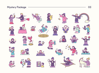 Obraz premium Minimal mystery character collection featuring witches, magic, fortune telling, spells, magical creatures, fantasy, and mystical illustrations.