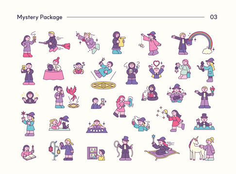 Minimal mystery character collection featuring witches, magic, fortune telling, spells, magical creatures, fantasy, and mystical illustrations.