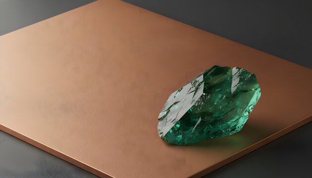 Raw emerald green quartz crystal block resting on a textured sandblasted copper plate for minimalist luxury product display background.