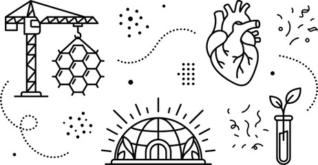 Fototapeta premium Biotechnology research future bioengineering and organic structure concept line art icons vector illustration set