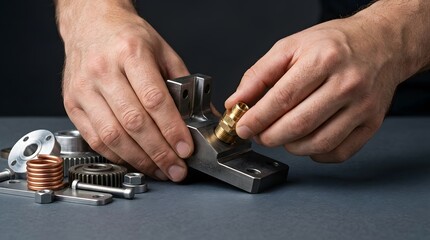 Fototapeta premium Close up of mechanic hands assembling industrial mechanical metal components.