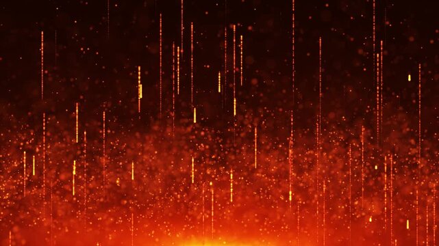 Fiery digital rain, glowing red and orange particles, energetic visual effect for presentations and motion graphics