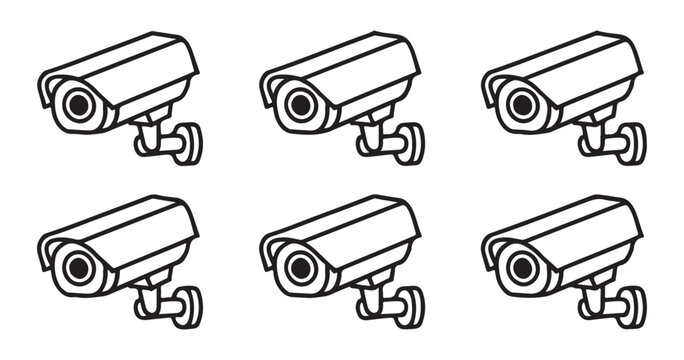 Set of surveillance camera icons featuring black outline security equipment on a transparent grey background.
