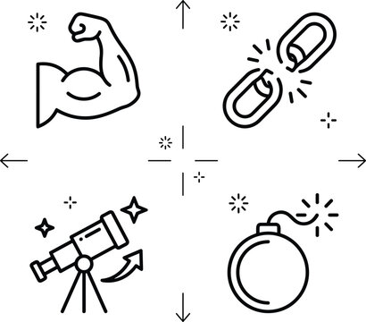 Business analysis and strategic concept icons set with strong muscle arm broken chain telescope and bomb