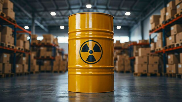 Radioactive waste barrel in warehouse for nuclear safety industrial storage and hazardous materials