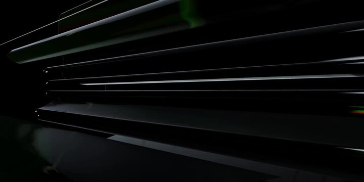 Abstract dark background with glowing green light rays and sharp geometric shapes in deep space