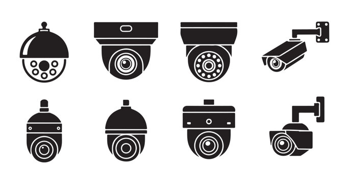 Collection of various surveillance camera icons including dome and bullet styles for security systems set.