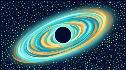 Black Hole with Glowing Cyan and Gold Accretion Disk, Flat Design Vector Illustration of Deep Space Phenomenon, Starry Night Sky Background with Abstract Cosmic Shapes and Celestial Elements © Dwistudio