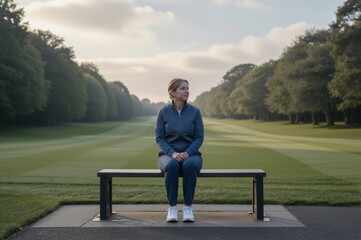 Fototapeta premium A woman sits on a wooden bench in a park, surrounded by tall trees and striped lawns, lost in thought during the golden hour.