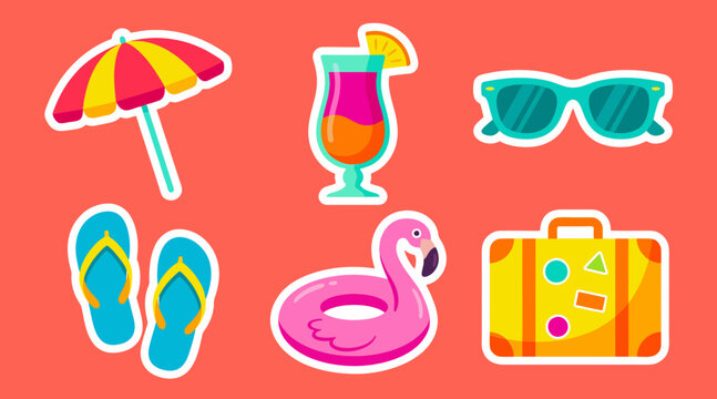 Colorful vector graphic summer vacation sticker set featuring beach umbrella cocktail sunglasses flip flops flamingo float and travel luggage bag