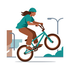 Obraz premium Female BMX Rider Doing Wheelie Stunt On Dirt Bike With Helmet And Protective Gear