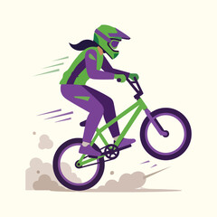 Obraz premium Female BMX Rider Doing Wheelie Stunt On Dirt Bike With Helmet And Protective Gear
