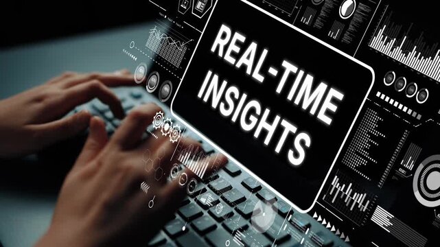 Hands Typing on Keyboard with Real-Time Insights Displayed on Modern Screen Interface and Data Analytics Graphics. Asymptotic smart data analytic.