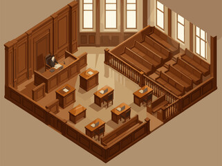 Obraz premium Judge Presiding over Courtroom Proceedings From Elevated Isometric View