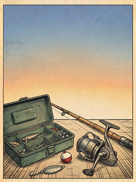Fishing gear set with tackle box and rod against sunset background for Poster Background