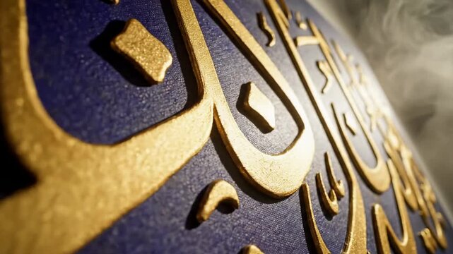 Close up of textured blue background with raised gold Arabic calligraphy, cultural decoration, Islamic art, elegant design