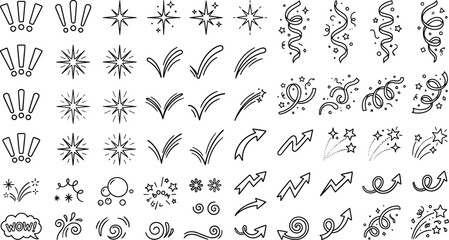 Celebration streamers and comic expression burst doodle icon set featuring exclamation marks, stars, arrows, and confetti swirls. © MstBabli