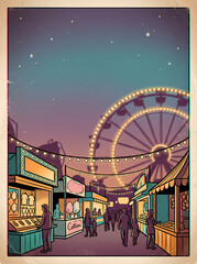 Fototapeta premium Carnival fairground at night with ferris wheel and booths for Poster Background