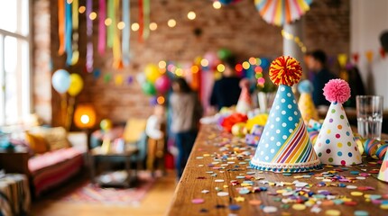 Fototapeta premium Festive paper hats and confetti on a wooden table at a home celebration