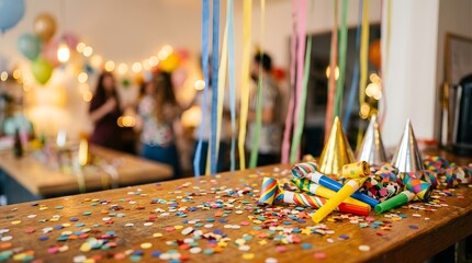 Fototapeta premium Festive party accessories with confetti on wooden table at celebration