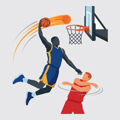 Athletic Basketball Player Dunking Toward Hoop in Blue Uniform Midair Sports Action Illustration  © erick