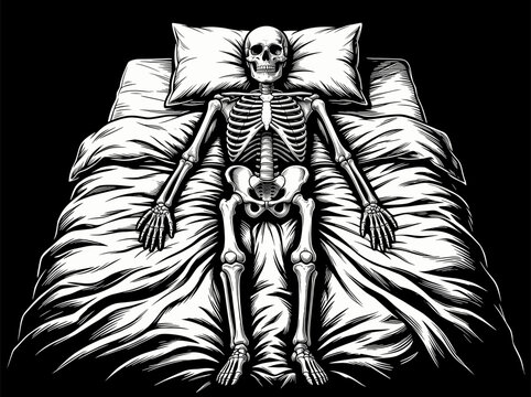 Skeleton Resting on Bed with Rumpled Blanket in Dark Bedroom