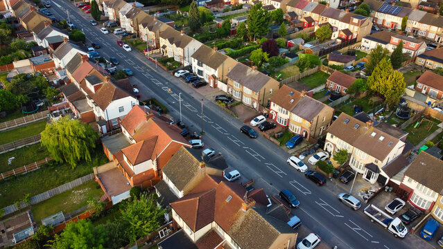 Aerial View of Luton City Streets and Homes During Sunset of England UK. June 14th, 2022. Drone Camera Footage