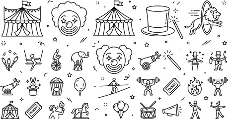 Circus carnival entertainment line icons set with big top tent clown face magician hat and jumping lion © MstBabli