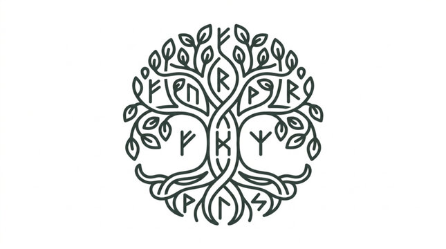 Norse mythology symbol tree of life with runes.