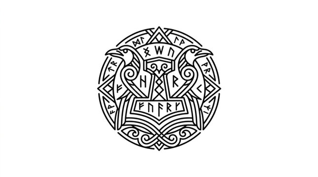 Norse Mythology Symbol with Ravens and Hammer.