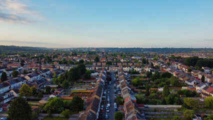 Obraz premium Aerial View of Luton City Streets and Homes During Sunset of England UK. June 14th, 2022. Drone Camera Footage