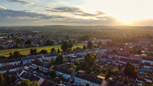 Aerial View of Luton City Streets and Homes During Sunset of England UK. June 14th, 2022. Drone Camera Footage