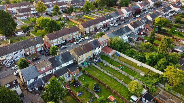 Aerial View of Luton City Streets and Homes During Sunset of England UK. June 14th, 2022. Drone Camera Footage