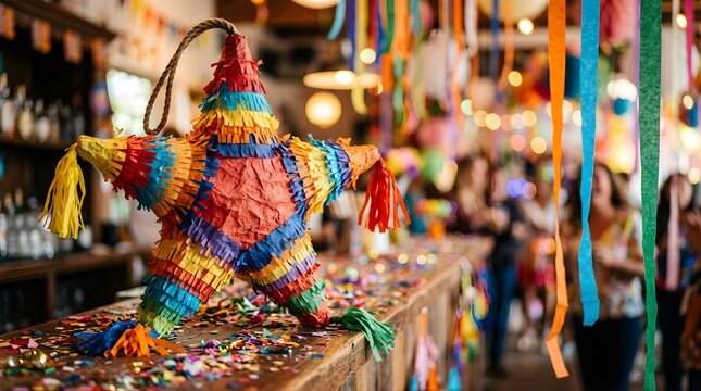 Festive star pinata displayed on table at a kids birthday party celebration