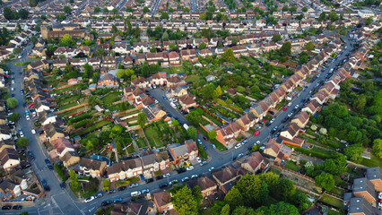 Obraz premium Aerial View of Luton City Streets and Homes During Sunset of England UK. June 14th, 2022. Drone Camera Footage