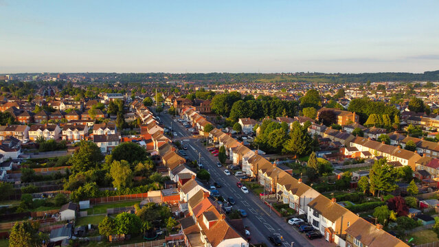 Aerial View of Luton City Streets and Homes During Sunset of England UK. June 14th, 2022. Drone Camera Footage