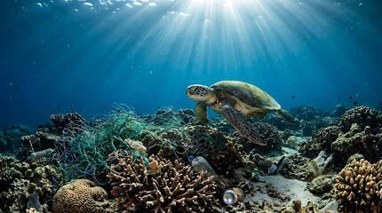Fototapeta premium Majestic sea turtle gracefully gliding over vibrant coral reef under sunlit tropical ocean with rays piercing the deep blue water