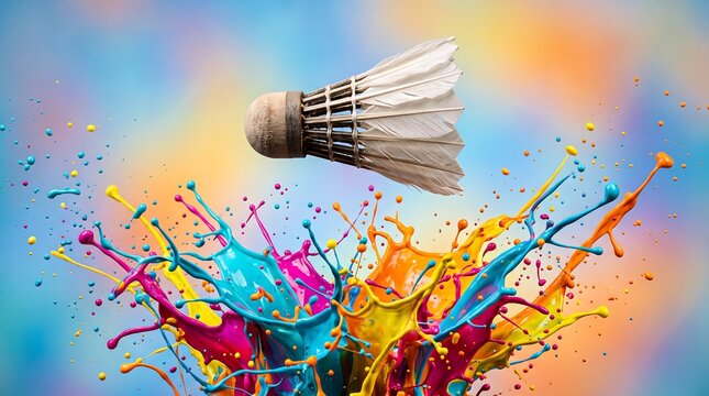 Vibrant badminton shuttlecock suspended mid-air above an explosive burst of colorful paint splatters on a gradient background