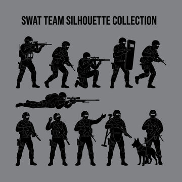 SWAT Team Silhouette Collection of Tactical Police Officers in Action Poses and Equipment