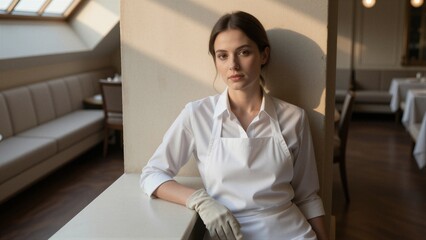 Fototapeta premium A woman in a white chef's uniform leans against a wall in a modern restaurant setting, exuding calm and professionalism.