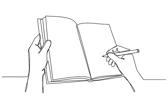 Continuous single line drawing of hands holding an open book and writing with a pen isolated on a white background Vector, illustration