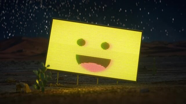 3D render animation of a glowing digital billboard with a cheerful smiley face in a remote desert landscape at night. Contrasting technology and wilderness create a surreal retrofuturistic atmosphere