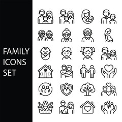 Fototapeta premium Family Icons Set Thin Line Vector Symbols for Parents Children and Relationships Family Line Icon Collection with Grandparents Baby Home and Care Symbols Vector Family Icon Set Outline Style
