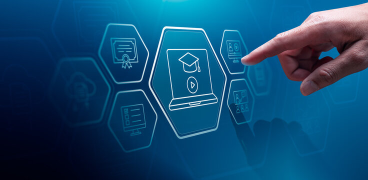 Online education e learning concept with business hand touching virtual graduation laptop interface showing certificate checklist video lesson webinar and digital training icons