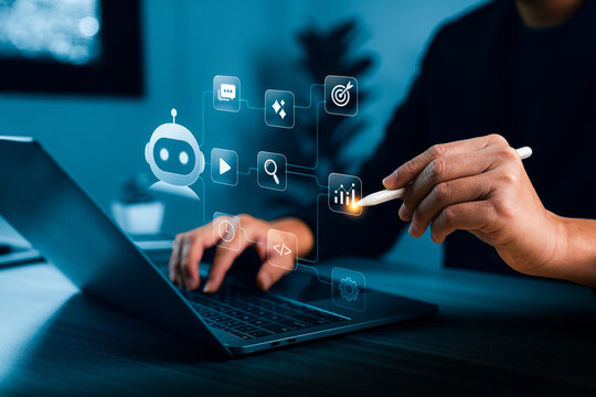 AI chatbot workflow automation concept with digital assistant interface on laptop showing task integration analytics coding search communication and smart productivity management