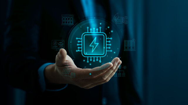 AI data center energy consumption concept with business hand holding digital power chip interface showing server infrastructure electricity usage efficiency and sustainable energy technology