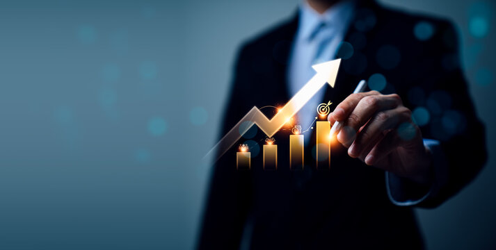 Business financial growth concept with professional using stylus showing rising arrow chart target goal icons revenue strategy performance improvement and digital analytics